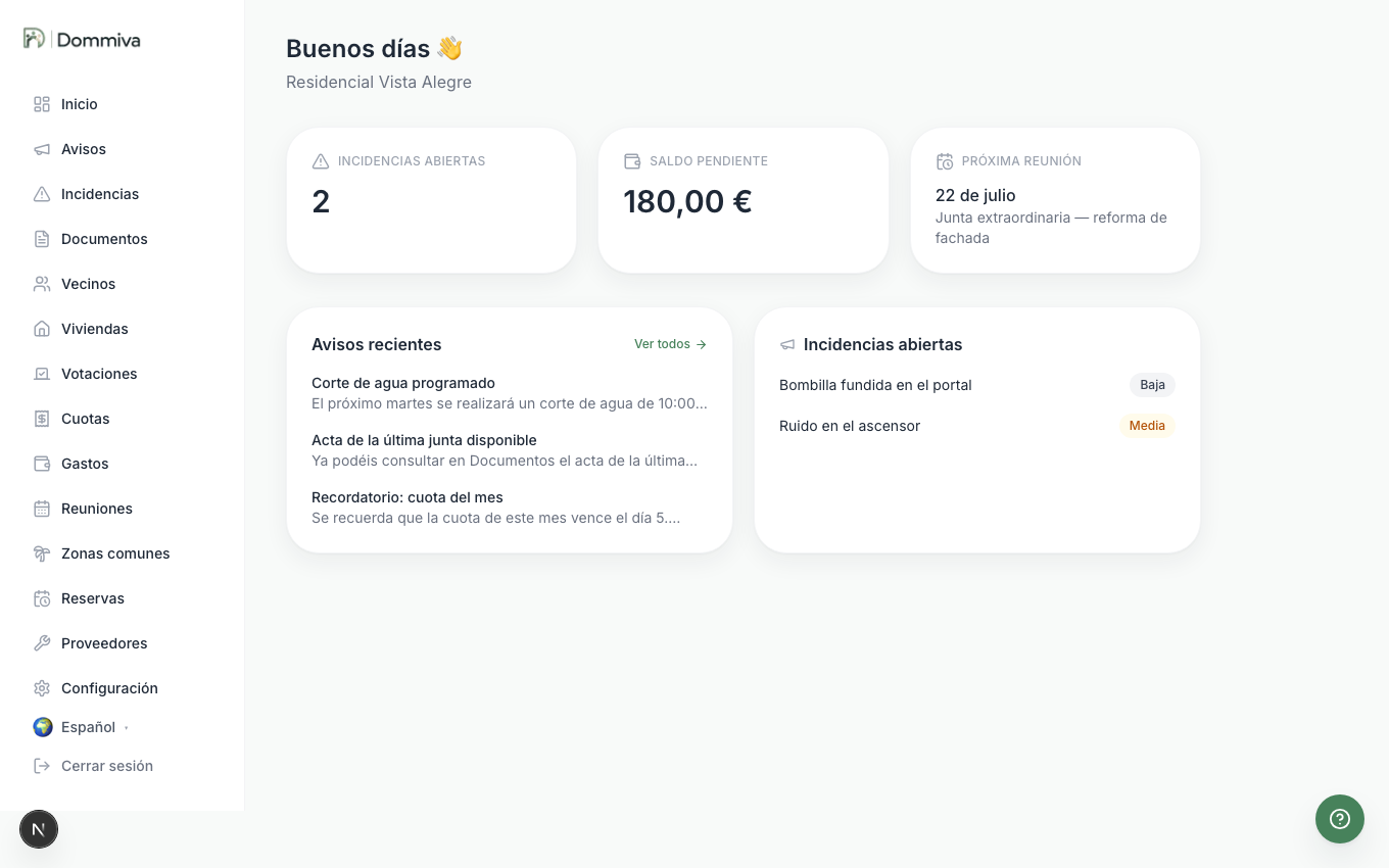 El panel de Dommiva: incidencias, saldo, próxima reunión y avisos de tu comunidad, de un vistazo